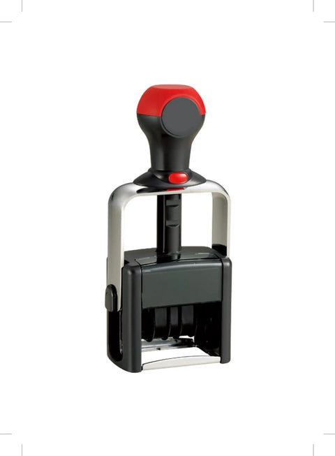 Built Different Heavy Duty Metal Date Stamp With Self Inking 11 Year Band, black and red, for office use.