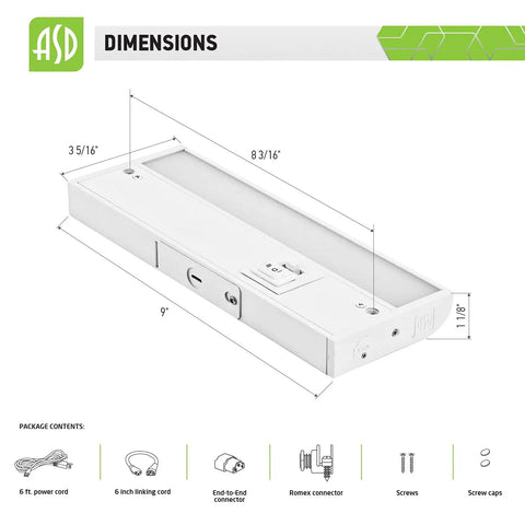 Lit 9 Inch Under Cabinet LED Lights With Dimmable Brightness Plug In Or Hardwired Install 3 Color Temperatures dimensions diagram