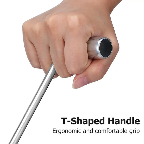 Hand gripping T-shaped handle of 2 Pack Heavy Duty Manhole Cover Hook Lifter T Shaped Stainless Steel Manhole Lifting Hooks Workhorse Tool