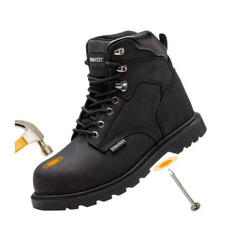 Men's Tough As Nails Steel Toe Work Boots, Crazy Horse Leather, Waterproof And Non Slip, Built To Last On Any Job Site, Black, Size 9.5