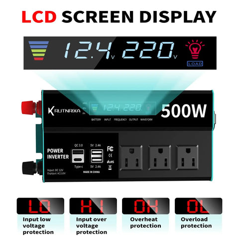 Top Shelf 500W Power Inverter Pushes 1000W Peak Surge While Converting 12V DC Into 110V AC For Your Rig LCD display showing voltage and power status.