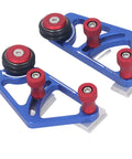 High Grade Woodworking Bearing Roller Feeder Pair Aluminum Alloy Table Saw Feeding Guide showing blue and red design with rollers.
