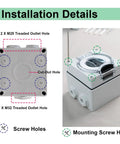 Installation details of Built Legit For Any Adventure This Heavy Duty Nema 5-30R RV Power Outlet Box showing screw holes and outlets.