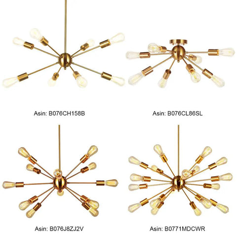 8 Light Sputnik Chandelier Brass Semi Flush Mount Ceiling Light Modern Pendant Lighting Mid Century Starburst Style Lit Ambience