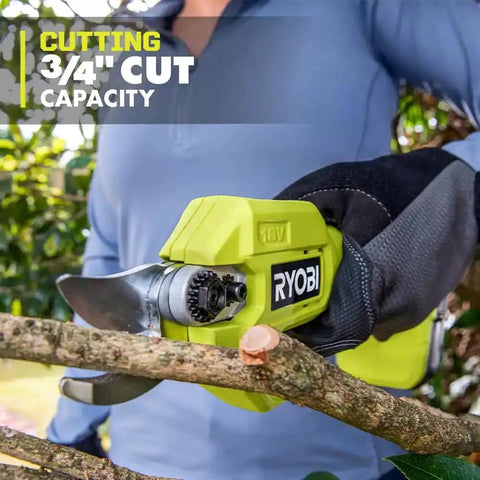 Heavy Hitter 18 Volt Cordless Bypass Pruner With Included Lithium Battery And Fast Wall Charger For No Sweat Branch Trimming, cutting through a branch.