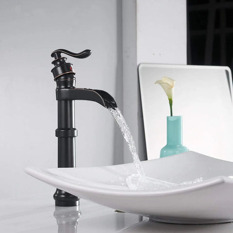 Oil Rubbed Bronze Vessel Sink Faucet With Tall Waterfall Spout Single Hole Deck Mount One Handle Farmhouse Style Bathroom Faucet Built For Durability And A Sleek Modern Master Bath Vibe