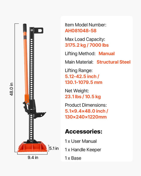Farm jack with base, 48-inch lifting height, 7,000 lb capacity, orange and black structural steel with manual ratchet