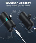 Slick Mini Portable Charger Power Bank 5000mAh Usb C Pd Fast Charging showing LCD display and ports for iPhone 17 16 15 and Samsung Android.
