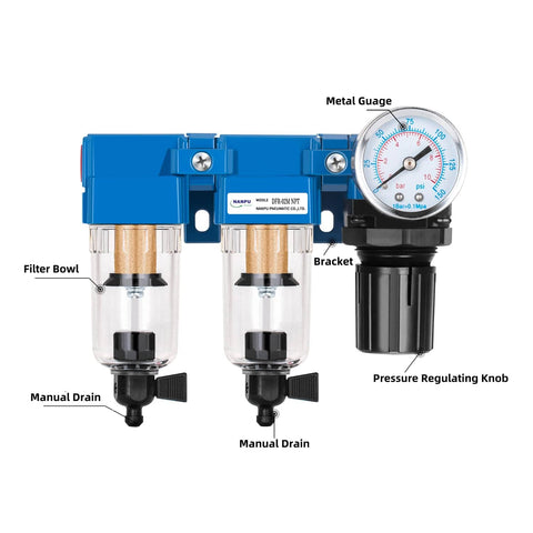 One Quarter Inch NPT Air Drying System With Dual Air Filters And Regulator Combo Manual Drain Poly Bowl For Shop Air Lines
