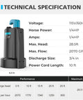 Side view of black Submersible Water Pump 2250GPH Sump Pump with tech specs, including 115V, 1/4HP, 28.5ft max head