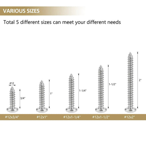 Heavy Duty Size 12 Phillips Pan Head Self Tapping Screw And Wood Screw Assortment Kit Various sizes from 3/4" to 2" shown.