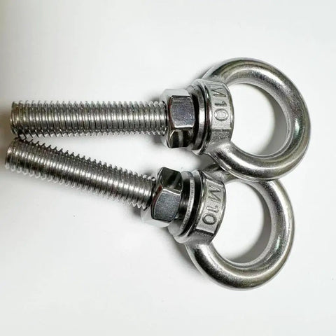 Heavy Duty M10 Shoulder Eye Bolt 304 Stainless Steel 4 Inch Lifting Ring 2 Pack Includes Nuts And Washers on a white background.