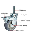 Heavy Duty Swivel Caster With Double Locking Brake, Easy Rollin Quiet Rubber Wheel, M20 Threaded Stem, detailed view with steel plate and rubber wheel.