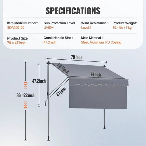 Specifications of Manual Retractable Patio Awning 78 Inch Wide Sun Shade Curtain For Backyard Garden And Balcony Outdoor Canopy With Privacy Curtain Waterproof PU Coated Fabric UV 80 Plus Protection Dark Gray shown in diagram