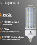2 Pack 100W LED Corn Light Bulbs Super Bright 15000 Lumens Daylight 5000K E26 And E39 Base with dimensions and specs