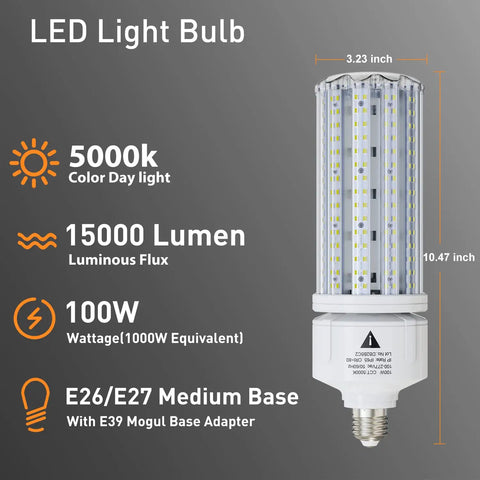 2 Pack 100W LED Corn Light Bulbs Super Bright 15000 Lumens Daylight 5000K E26 And E39 Base with dimensions and specs