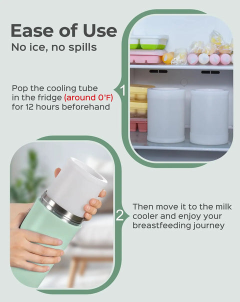 Game Changer In Your Diaper Bag Portable Breast Milk Cooler Bottle With All Day Cooling shows a cooling tube and usage steps.