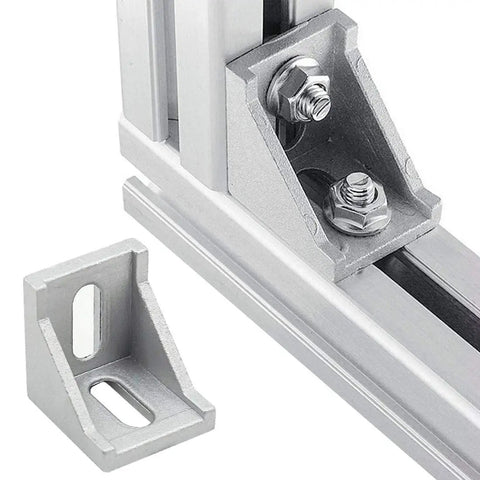 Inside Corner Bracket Gusset for 4040 Aluminum Extrusion with 8mm Slot, installed view, showing connection with aluminum frame.