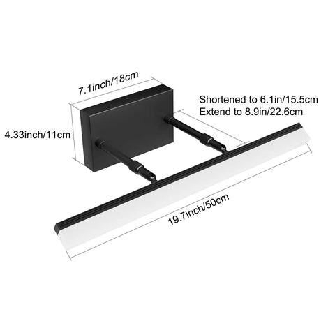Slim Black Vanity Light For Bathroom Over Mirror With Adjustable Rotatable LED Fixture 19.7 Inch Bar dimensions diagram