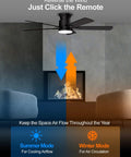 52 Inch Black Ceiling Fan With Lights, Flush Mount Hugger Design above a fireplace showing airflow directions for summer and winter modes.