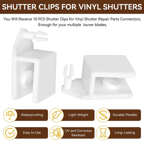 Vinyl Shutter Repair Clips Kit 10 Pack For Rear Tilt Window Shutters Replacement Connectors and Cufflinks close-up view