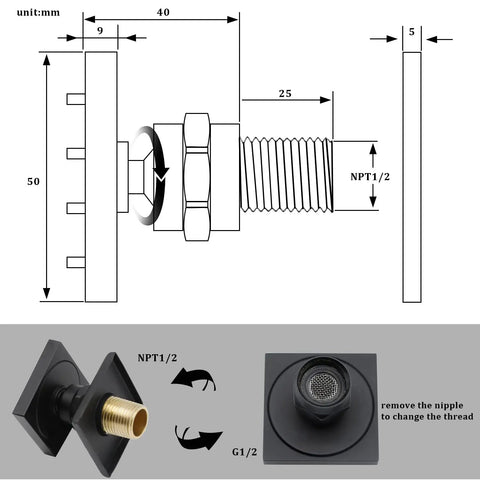 Diagram of 2 Inch Brass Shower Head With Massage Jets Matte Black Body Spray Showerhead Adjustable Swivel detailing dimensions and threads.