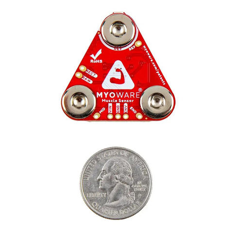 Wearable EMG Muscle Sensor For DIY Projects And Research, Easy Electrode Setup, Read Muscle Activity From Output Voltage, Real Time Biohacking And Prototyping Tool For Muscle Analysis And Fitness Tech Not For Medical Diagnosis red triangular PCB with coin for scale