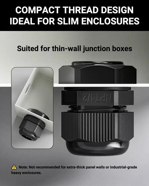 All Purpose Nylon Waterproof Cable Gland Kit 50 Pcs IP68 With PG7 NPT, black compact design for slim enclosures