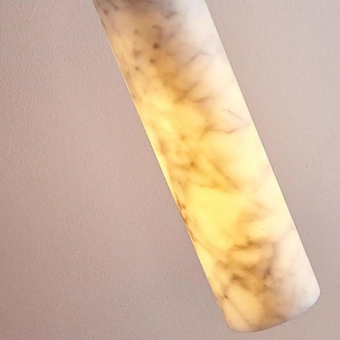Alabaster Pendant Light Natural Marble Long Tube Hanging Lights with Wood Ceiling Canopy Modern Nordic Mini Pendant Lamp for Kitchen Island Bedroom Hallway(25 * 6cm) close-up of translucent tube shade with natural veining