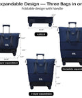 Blue rolling duffle bag set with wheels and telescoping handle; three sizes 38L, 53L, 68L expandable to 68L