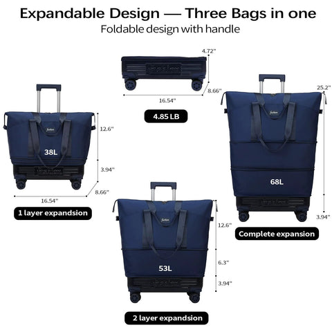Blue rolling duffle bag set with wheels and telescoping handle; three sizes 38L, 53L, 68L expandable to 68L