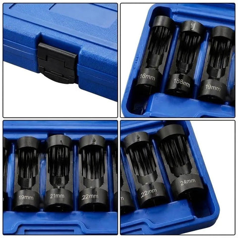 Premium Heavy Duty 12 Point Deep Groove Socket Wrench Set 6 Piece Black Alloy Steel Tool Kit showing sizes 16mm to 24mm in case.