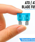 60 Piece Tough As Nails Led Blade Fuse Assortment Slick Smart Glow Indicator Standard Atc Ato Size in 5 Through 40 Amps displayed in hand.