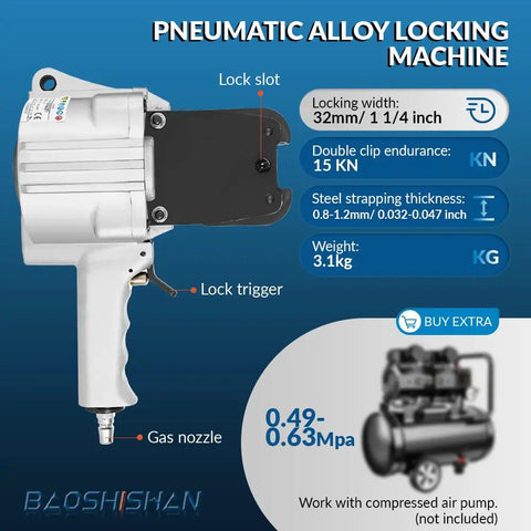 Heavy Duty Pneumatic Steel Strapping Tool For One And One Quarter Inch Wide Straps 32mm Thick 0.032 To 0.047 Inch Tensioner For Three Quarter To One And One Quarter Inch Straps Bonding Ready Option Rugged Alloy Build, side view