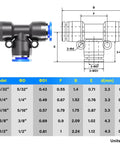 Blue 1/2 Inch OD Tee Push In Plastic Fittings 3 Way Tube Connector Push Fit Quick Connect Tee For Pneumatic Systems 145 PSI Working Pressure 32 To 140 F Pack Of 10, technical diagram and specifications table