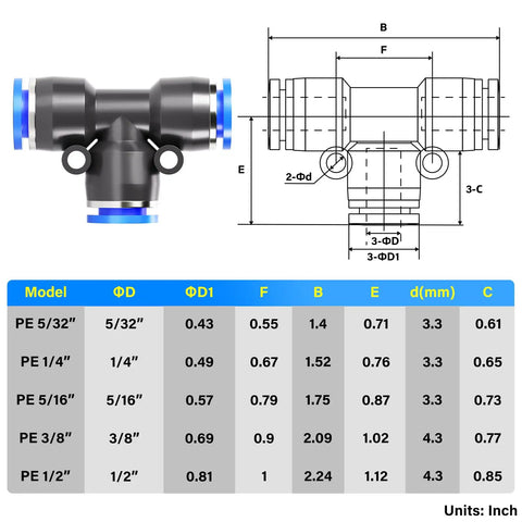 Blue 1/2 Inch OD Tee Push In Plastic Fittings 3 Way Tube Connector Push Fit Quick Connect Tee For Pneumatic Systems 145 PSI Working Pressure 32 To 140 F Pack Of 10, technical diagram and specifications table
