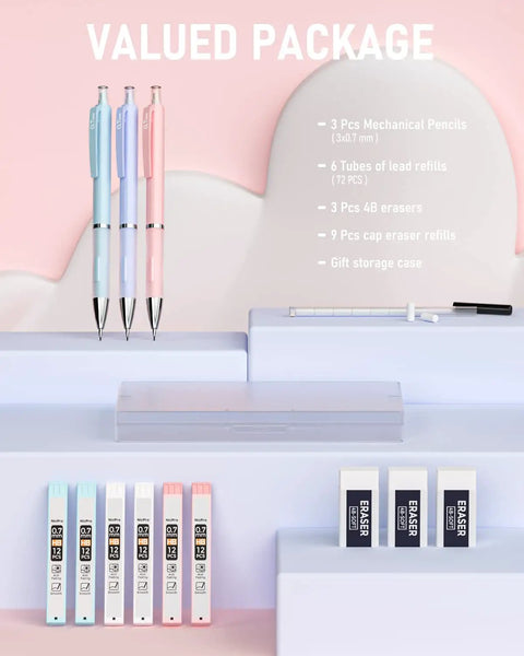 Cute 0.7mm Mechanical Pencil Set With Case Includes 3 pastel pencils, 72 lead refills, 3 erasers, and storage case on display
