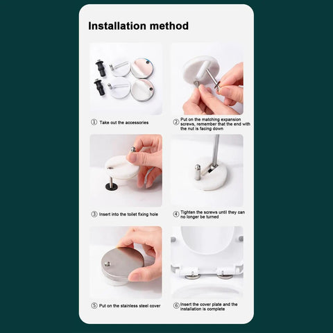 Installation method for Toilet Seat Hinge Replacement Kit with Expanding Screws and Quick Release Bolts shown step-by-step.