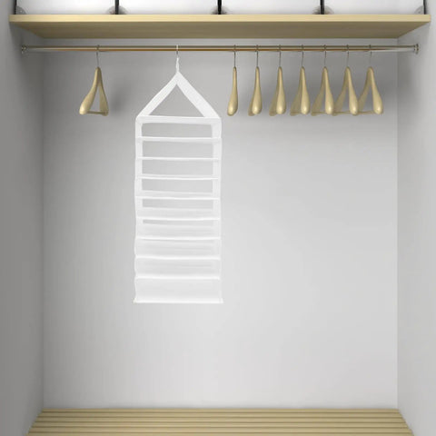 Nine Compartment Hanging Closet Organizer With Heavy Duty Hook And Washable PVC Fabric For Super Handy Clothes Storage hanging in closet