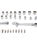 Pass Through Socket Set With Three Eighths And One Half Inch Drive Sockets Seventy Two Tooth Reversible Ratchet and bits shown
