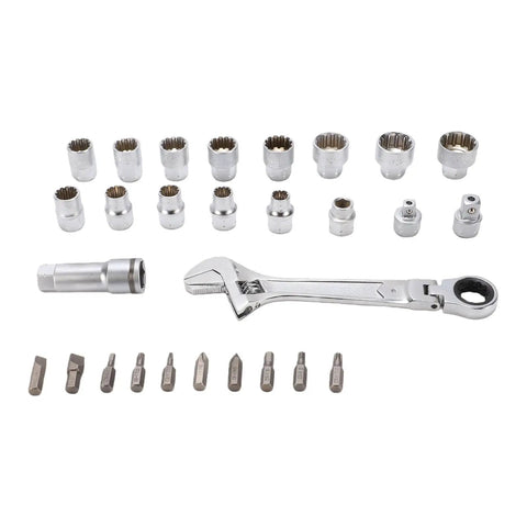 Pass Through Socket Set With Three Eighths And One Half Inch Drive Sockets Seventy Two Tooth Reversible Ratchet and bits shown