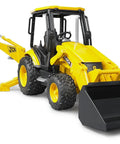 Realistic Construction Backhoe Loader Toy With Changeable Front Loader And Backhoe Scoop shown with yellow body and black scoops