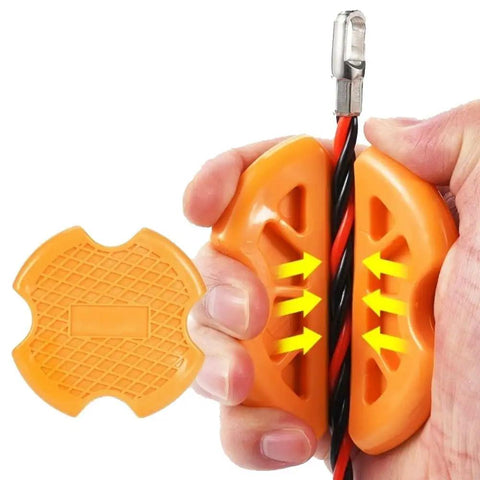 Two Pack Line Grip Set For Electrical Cable Pulling, Non Slip PVC Ergonomic Orange Handles, Fits 3-6mm Wires, 8x8mm Grips, Durable Polyoxymethylene Tooling For Quick Conduit Installations close-up holding wire