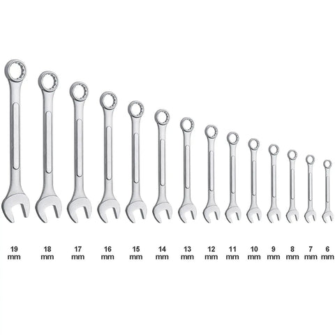 14 Piece Metric Wrench Set With Roll Up Pouch No Skipped Sizes From 6mm To 19mm arranged in order on white background.