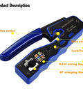 Pro Grade RJ45 Pass Through Crimp Tool Kit With Cat5e Cat6 And Cat6a Compatibility showing wire cutter and stripper features