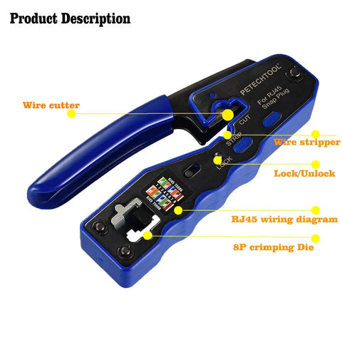 Pro Grade RJ45 Pass Through Crimp Tool Kit With Cat5e Cat6 And Cat6a Compatibility showing wire cutter and stripper features