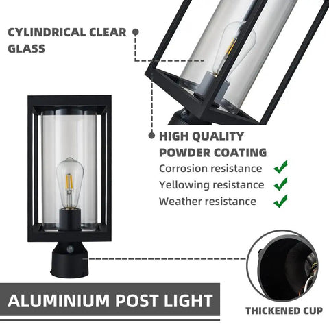 Dusk To Dawn Outdoor Post Light Fixture With 5.6 Inch Pier Mount Base Matte Black Aluminum Lantern details and features
