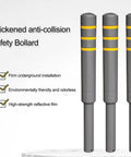 No Sweat Installation Heavy Duty Steel Safety Bollard Pour In Place Post With Vivid Reflective Strips For Bulletproof Driveway And Parking Lot Perimeter Security, three gray bollards with yellow reflective tape.