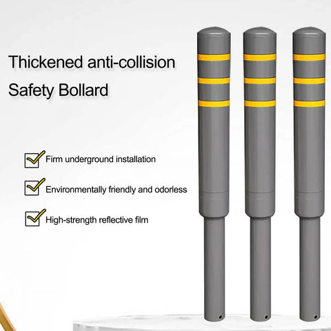 No Sweat Installation Heavy Duty Steel Safety Bollard Pour In Place Post With Vivid Reflective Strips For Bulletproof Driveway And Parking Lot Perimeter Security, three gray bollards with yellow reflective tape.
