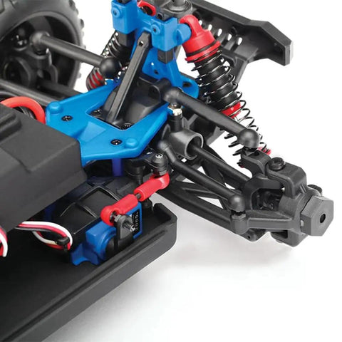 Close-up of LaTrax Desert Prerunner 1 By 18 Scale 4WD Electric Truck RTR Blue Beast suspension and steering components.